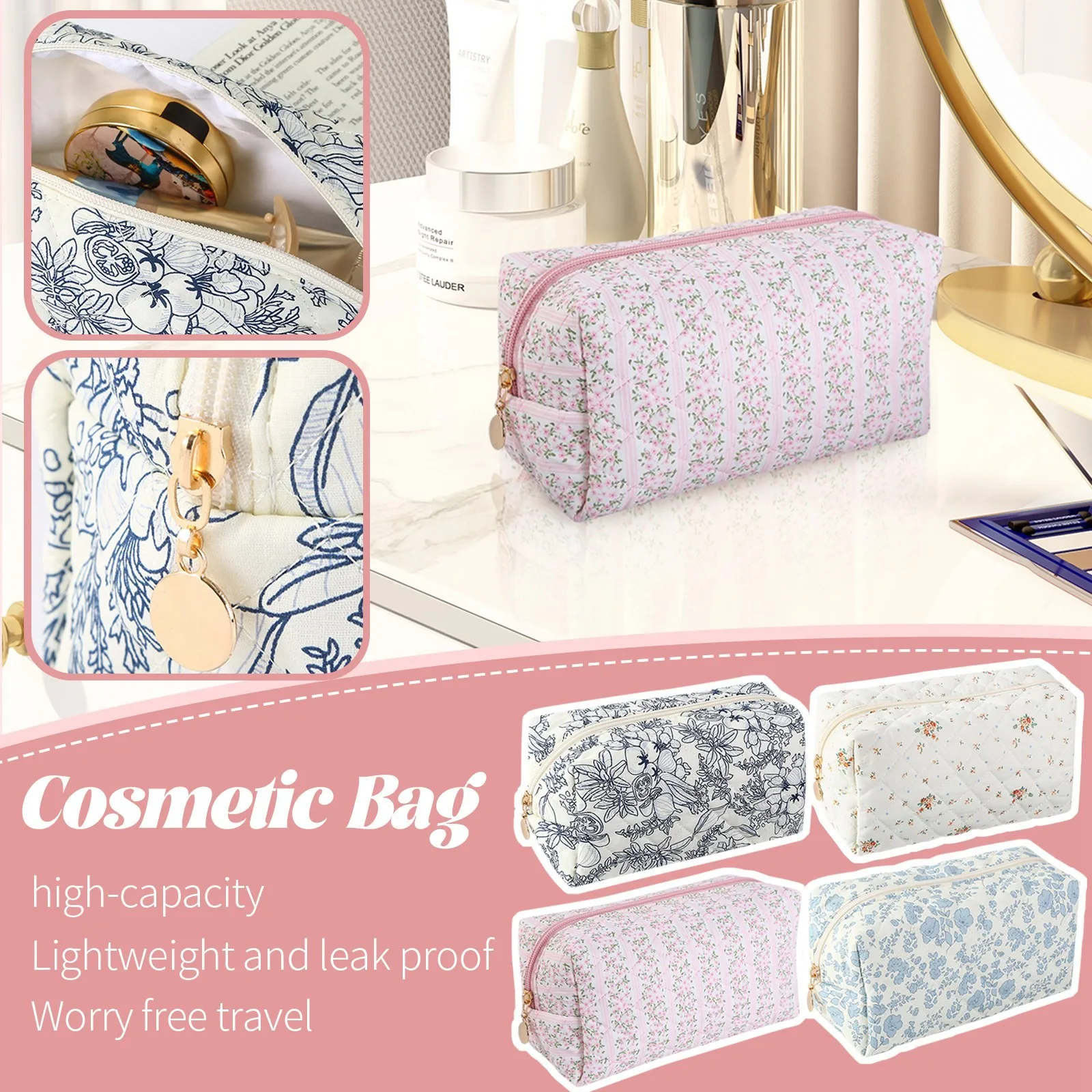 Fashion Floral-pattern Makeup Bag Large Capacity Travel Storage Bags for Women Portable Quilted Cotton Cosmetic Bag