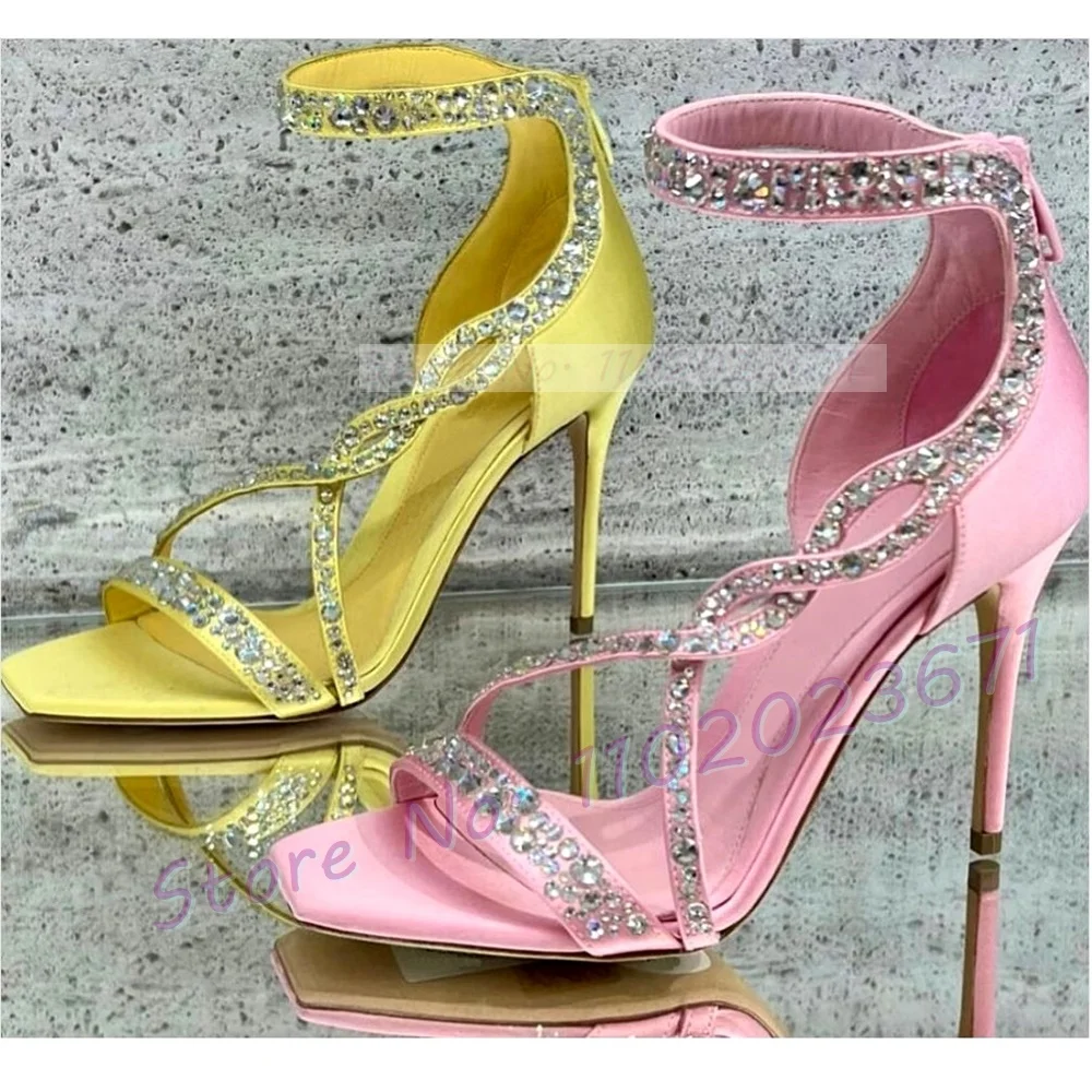 Crystal Double Cross Strap Sandals Women Sweet Square Toe Pink High Heels Satin Shoes Summer Back-zip Bling Luxury Party Sandals