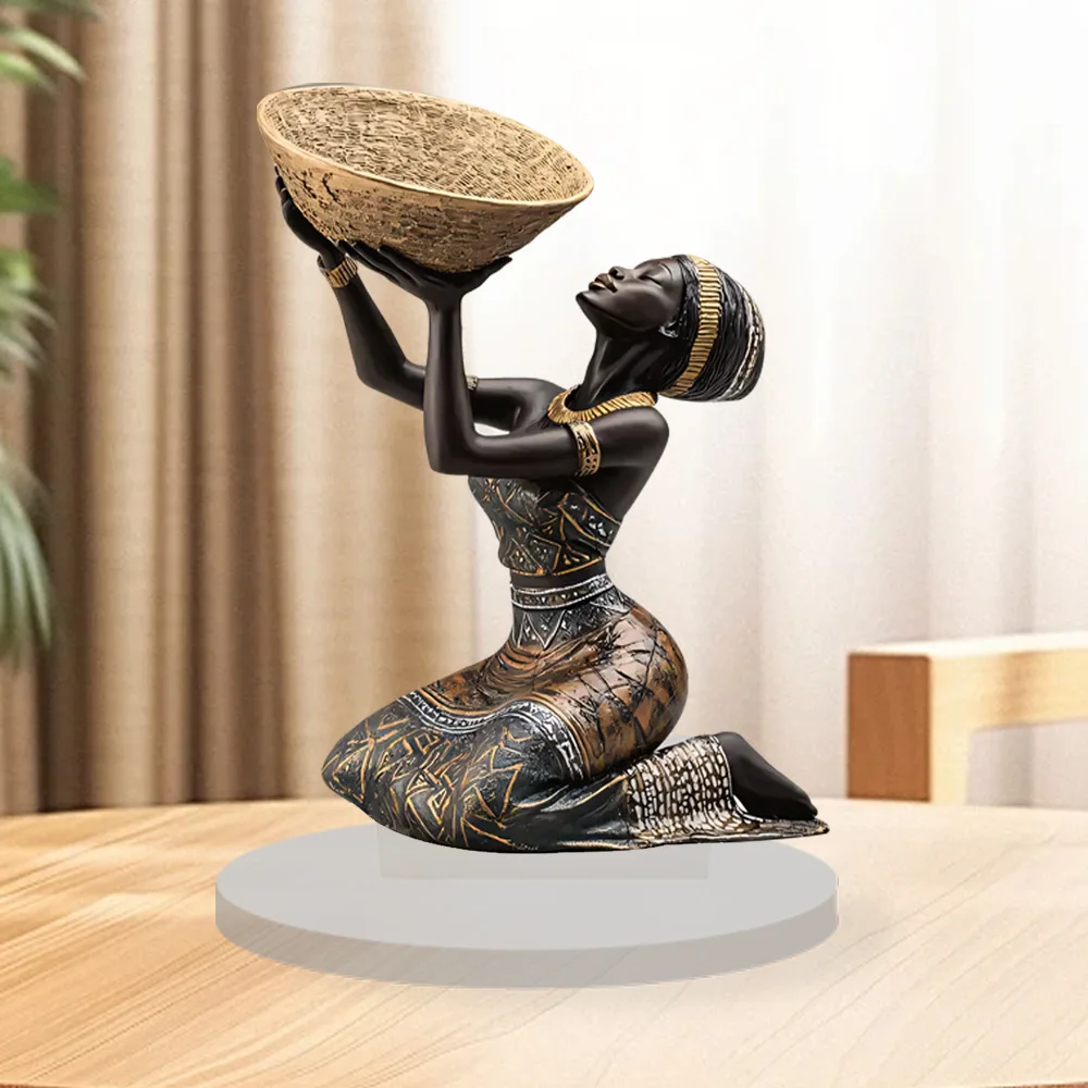 2D Flat Acrylic Woman Tabletop Decorative Figure Vintage African Girl Holding a Plate Desktop Ornament Home Living Room Decor