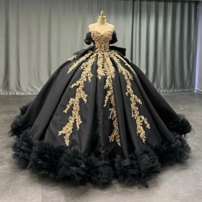 

Черные платья Quinceanera с открытыми плечами и аппликацией из кружева с бусинами и бантом, корсет из тюля для вечеринки, дня рождения, сладкое платье 16, Vestidos 15 De Anos