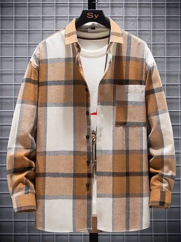 

New Men's Loose Brushed Plaid Long Sleeve Shirt Youth Fashion PU Leather Thickened Long Sleeve Square Collar Cleanfit Style