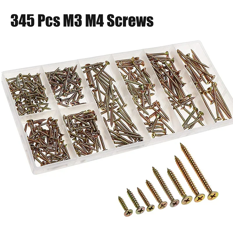 

345Pcs Countersunk Cross Self Tapping Screws Set Galvanized Fiberboard Nail Screw M3/M4 Screws Woodworking Tools Accessories