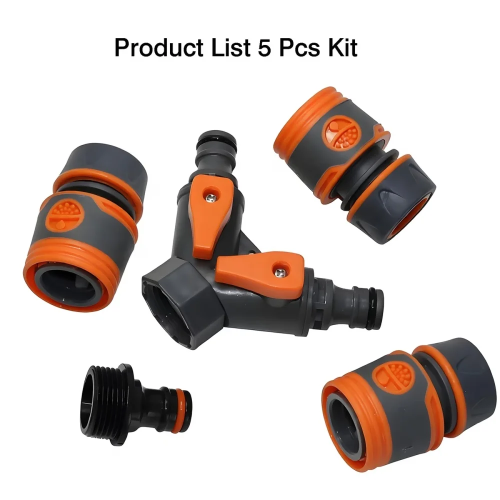 5-Piece Garden Irrigation Water Connector Set (1 Y-Type Water Flow Device + 1 3/ 4inch Plastic Nozzle Connector + 3 1/ 2inch Hose Quick Connectors) Lawn Water-Saving Irrigation Household Irrigation Supplies Faucet Accessories