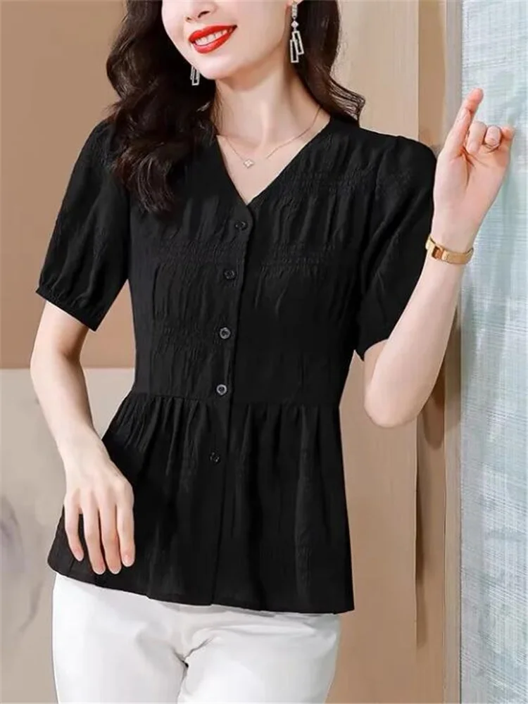 Loose Blouses Summer Cardigan Top For Women Short Sleeve Shirt Belly Covering Top Woman Pleated Tunic Slim Shirt Grace Female image 6