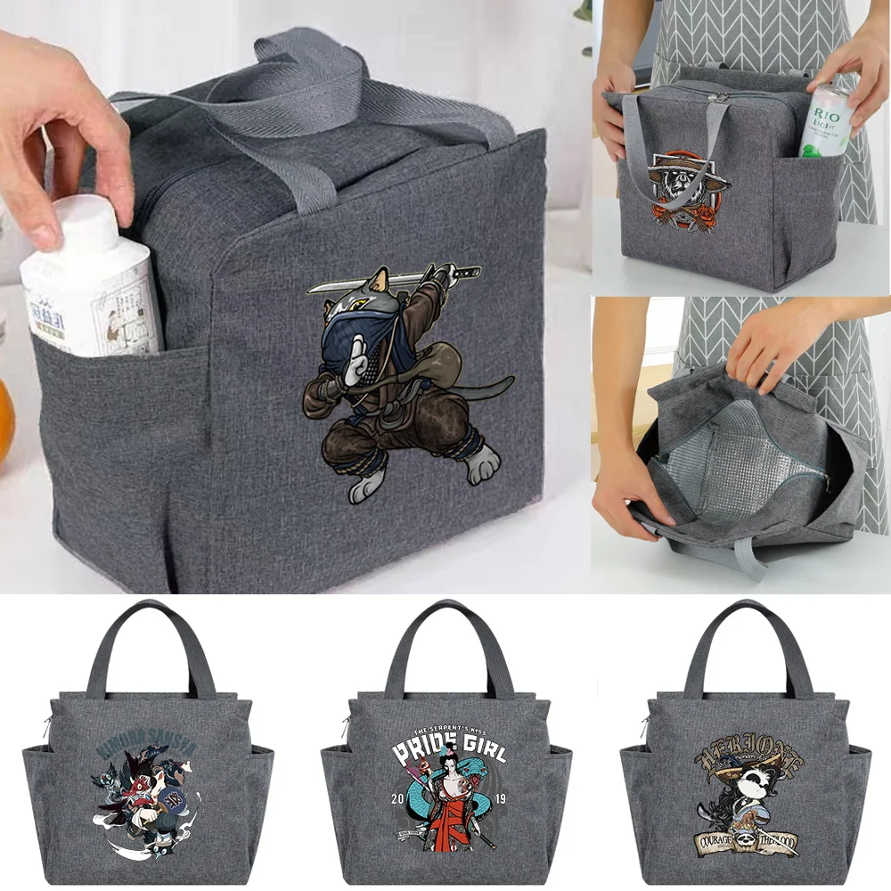 Samurai Letter Printed Insulated Lunch Bags Multifunction Lunch Box Cooler Bag Portable Picnic Large Capacity Thermal Food Packs