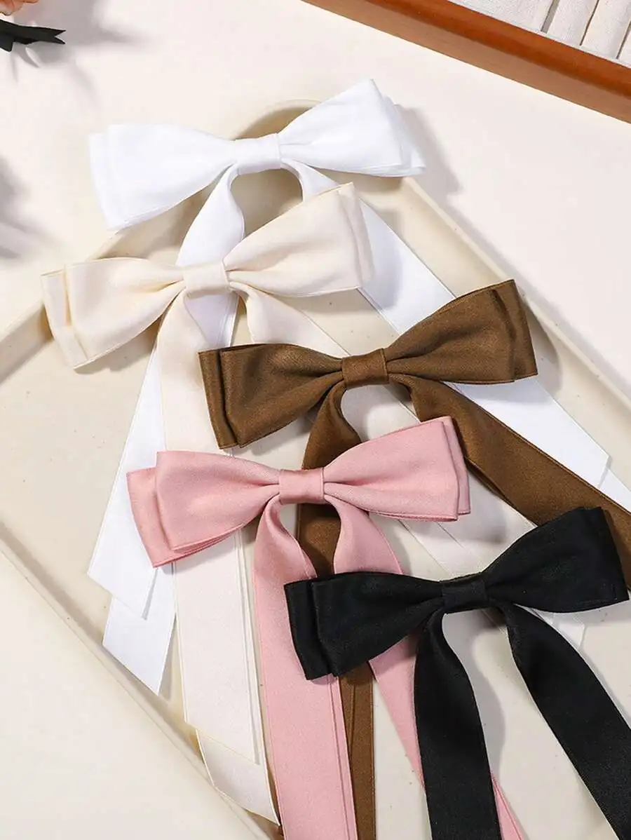 

5pcs Women Elegant Retro Palace Chic Large 24cm Double-Deck Bowknot Barrette Hair Clip Accessory In Black White Beige Pink