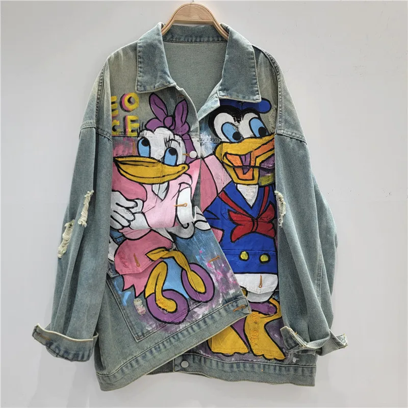 Autumn Heavy Industry Hand-painted Graffiti Denim Jacket Women's Loose Medium And Long Streetwear Cool Cartoon Top Jeans Jaqueta