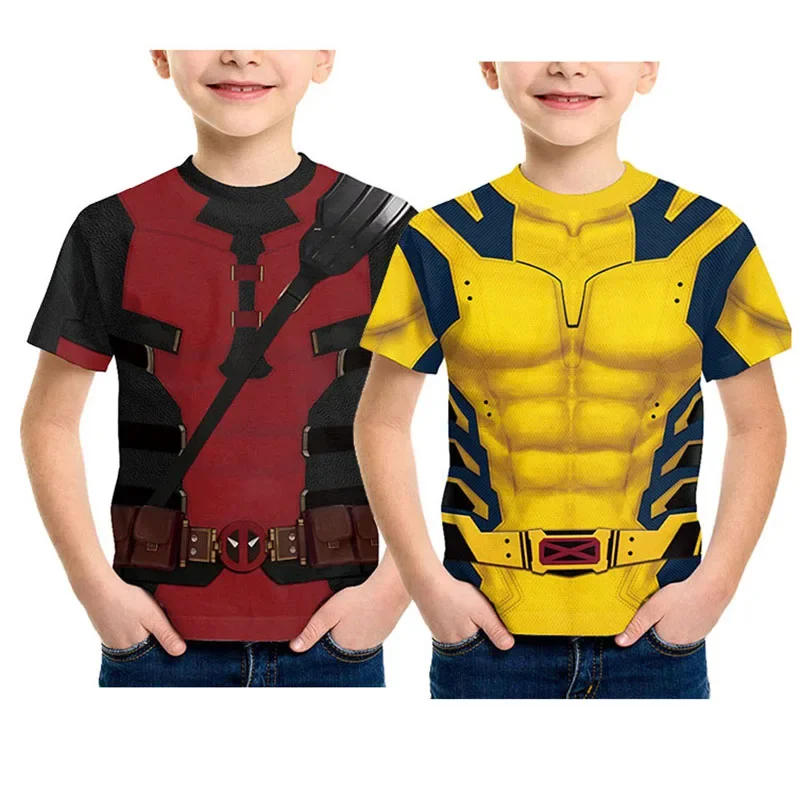 Dzieci Deadpool Wolverine Cosplay dziecięca koszulka superbohater James Howlet koszula Deadpool chłopcy impreza z okazji Halloween letnie topy