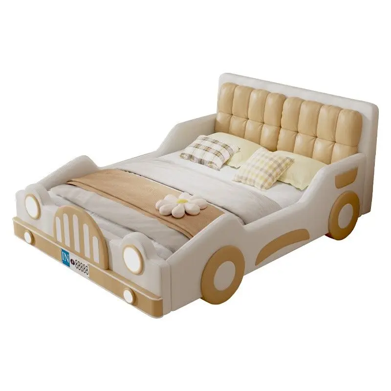 *Modern Creamy Style Kids Car Bed with Padded Headboard Cute Cartoon Off-road Vehicle Shaped Children Bed for Boys Girls