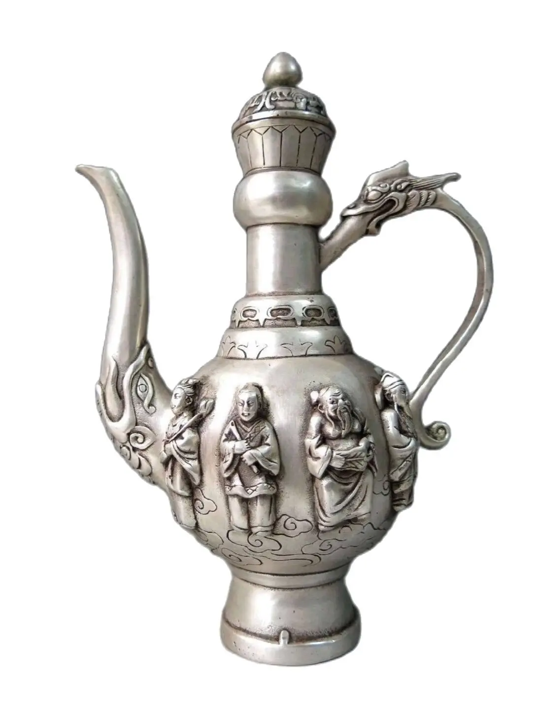 

9" China silver carved dragon Eight Immortals wine pot stoup Sculpture Statue