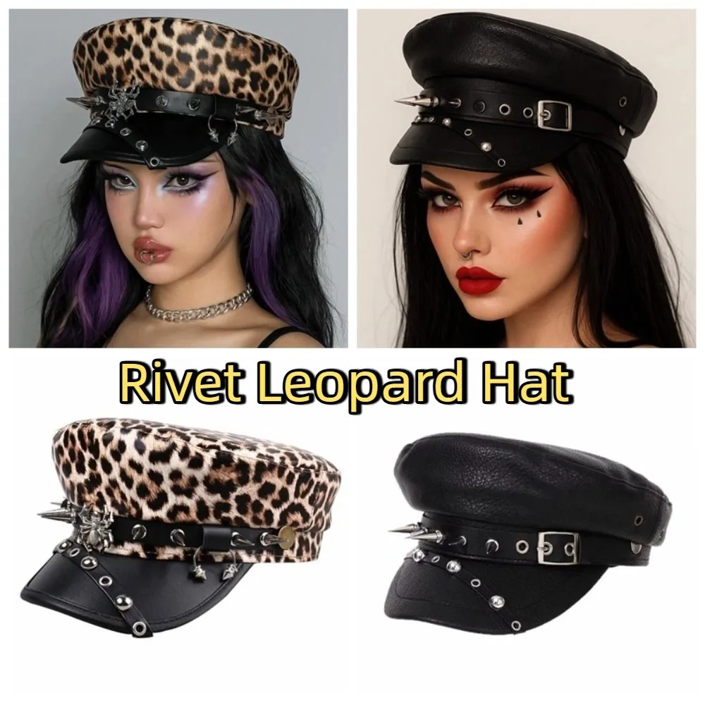

Fashion Hip-hop Rivet Leopard Hat Punk Harajuku Y2k Beret Hat Silver Black Flat Top Cap for Women