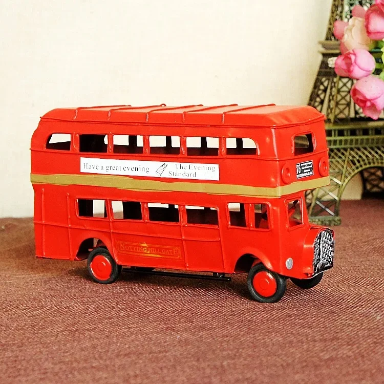 Red Handmade Metal Vintage Double Decker Bus Model Retro Iron Car Figurines Home Decoration Desktop Crafts