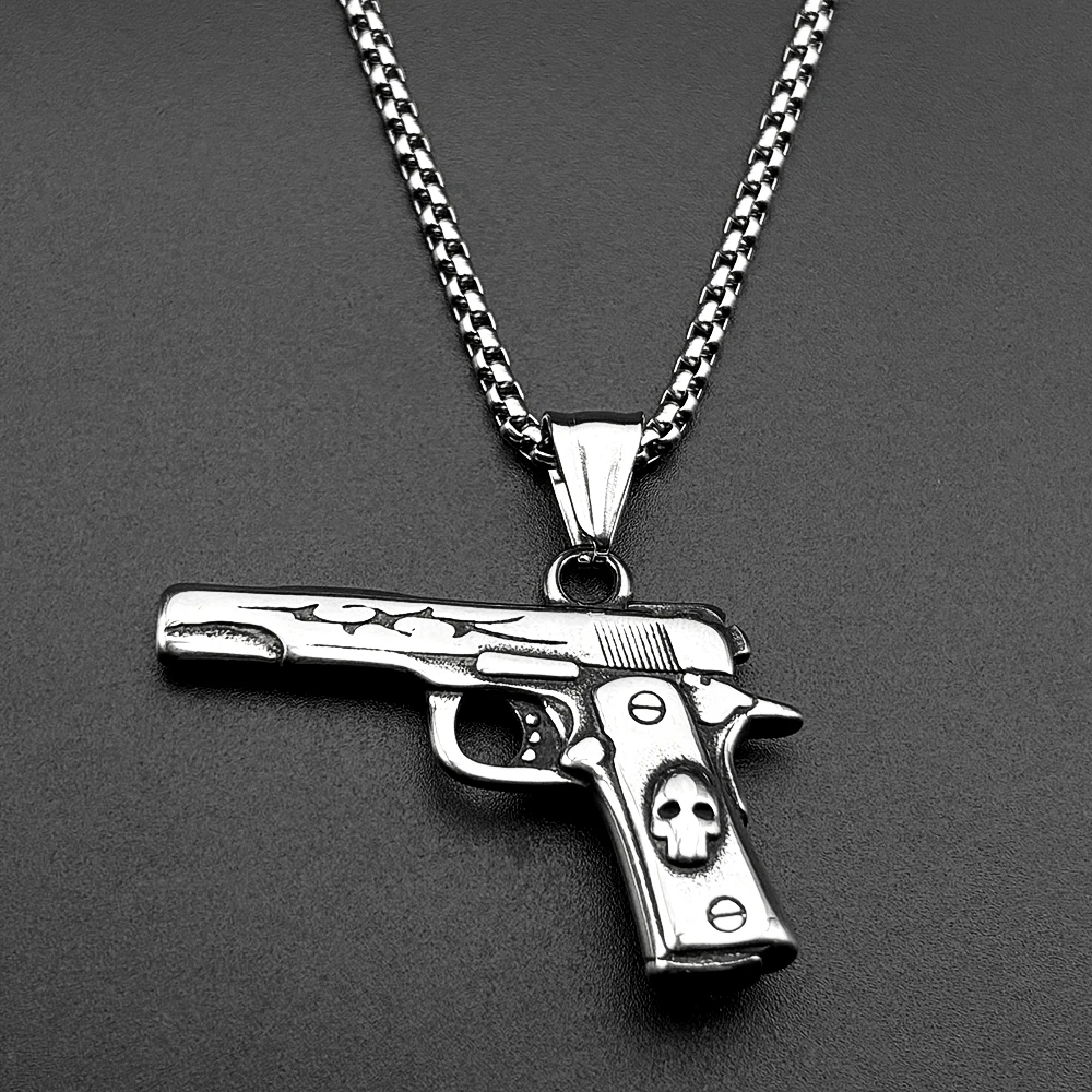 Retor Dark Punk Pistol Necklace For Women Men Stainless Steel Silver Color Turquoise Beak Street Hiphop Party Male Chain Jewelry view 3
