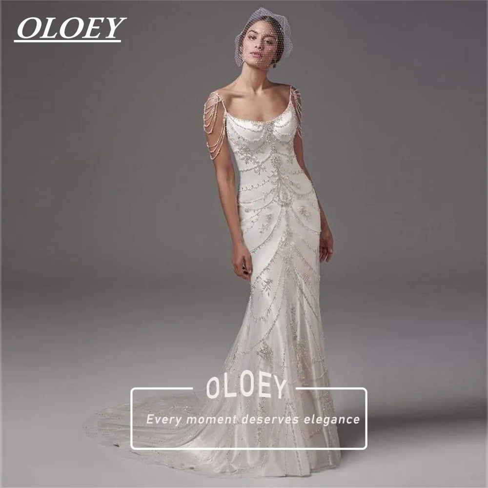 OLOEY Luxury Beaded Crystals Mermaid Wedding Dress Spaghetti Strap Cold Shoulder Chain Bridal Gown Robe De Mariage Customized