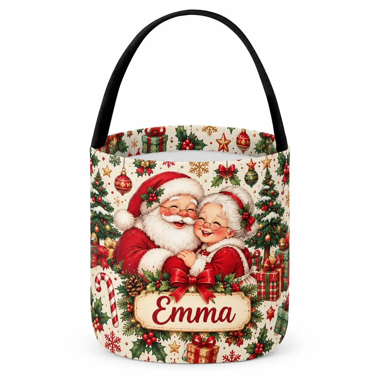 1PC Personalized Christmas Tote Bag Custom Name Santa Faux Linen Round Bucket Handbag Reusable Shopping Travel Gift