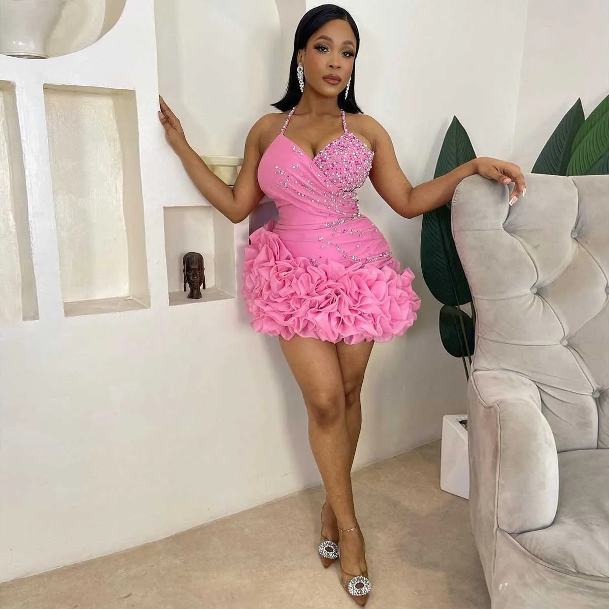 

Black Girls Short Prom Dresses 2025 Mini Length AsoeBi Formal Party Gown African Ruffle Halter Beaded Ensemble Hot Selling G6400