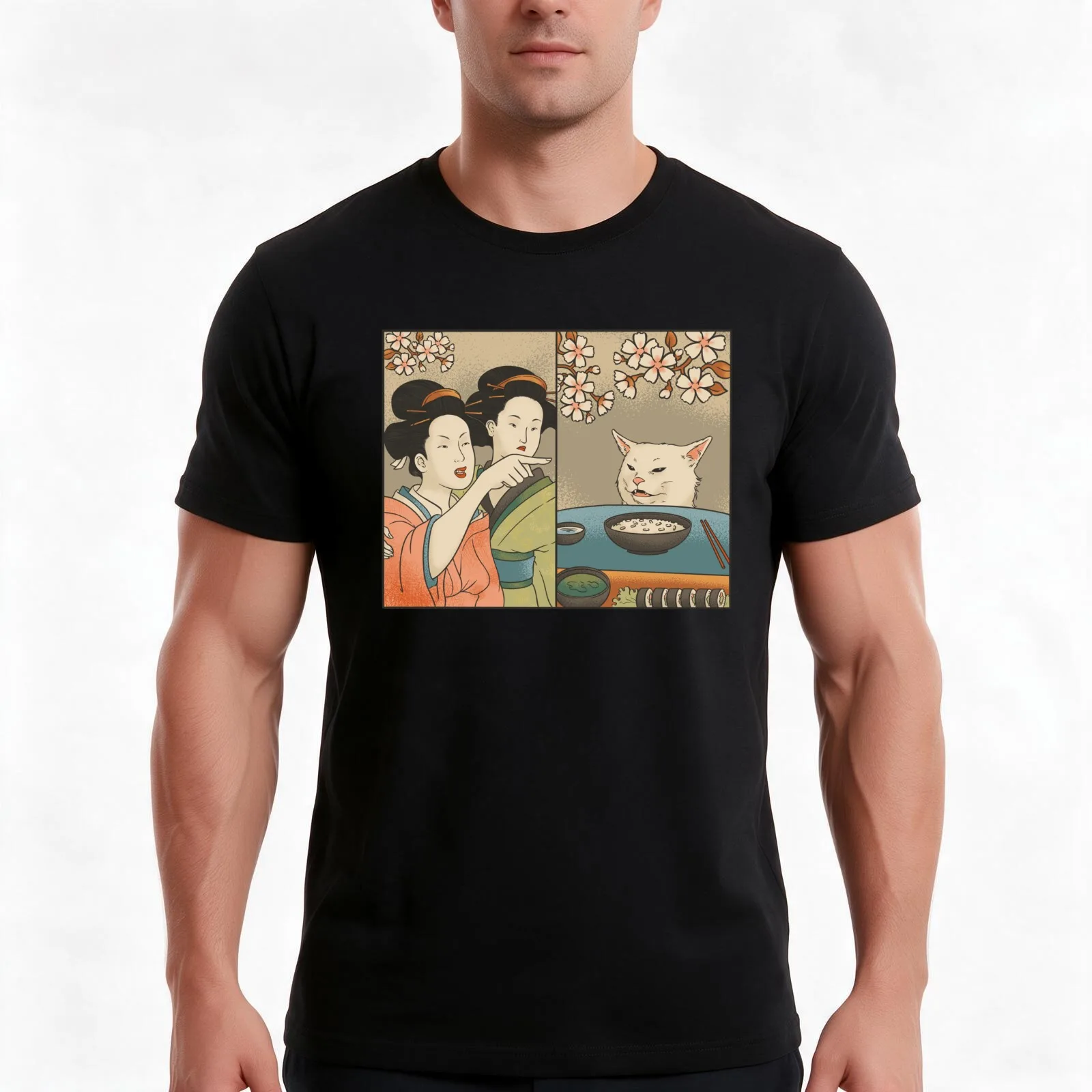 Japanese woman yells at cat meme T-Shirt, Summer Casual Cotton Tee, Oversized Streetwear Tops, Vintage Graphic Print