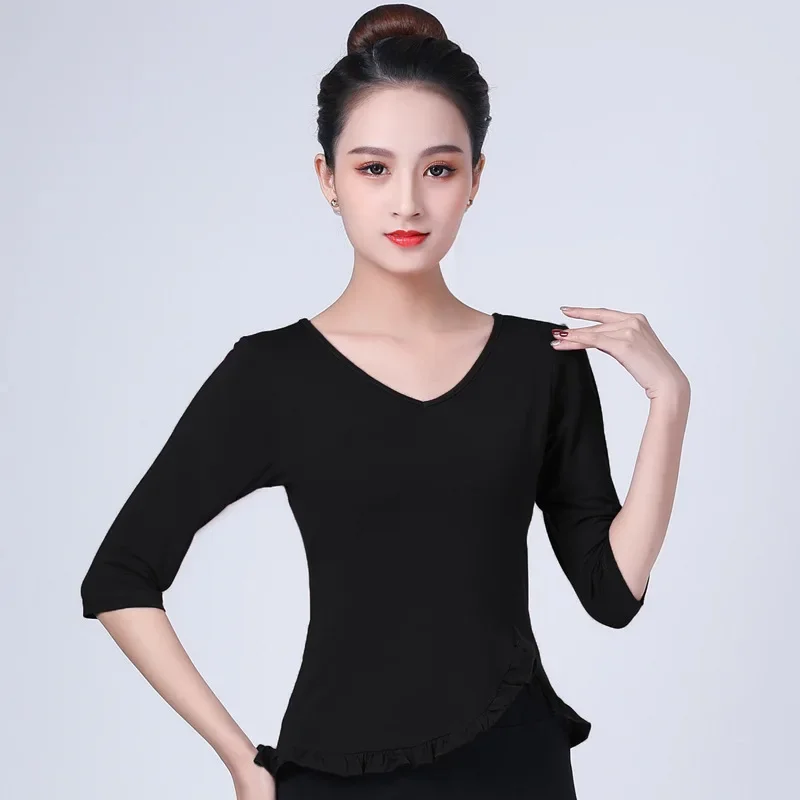 Solid Color Modern Dance Jazz Costume Stage Party Tops Latin Women Slim Fit Street Line Luxury Women's Elegant V Neck T-shirt