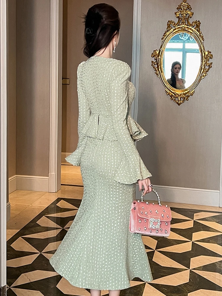 Fashion Women‘s French Elegant Dress Woman Celebrity Long Sleeve Ruffles Tunic Fishtail Robe Business Party Vestido Banquet Gown