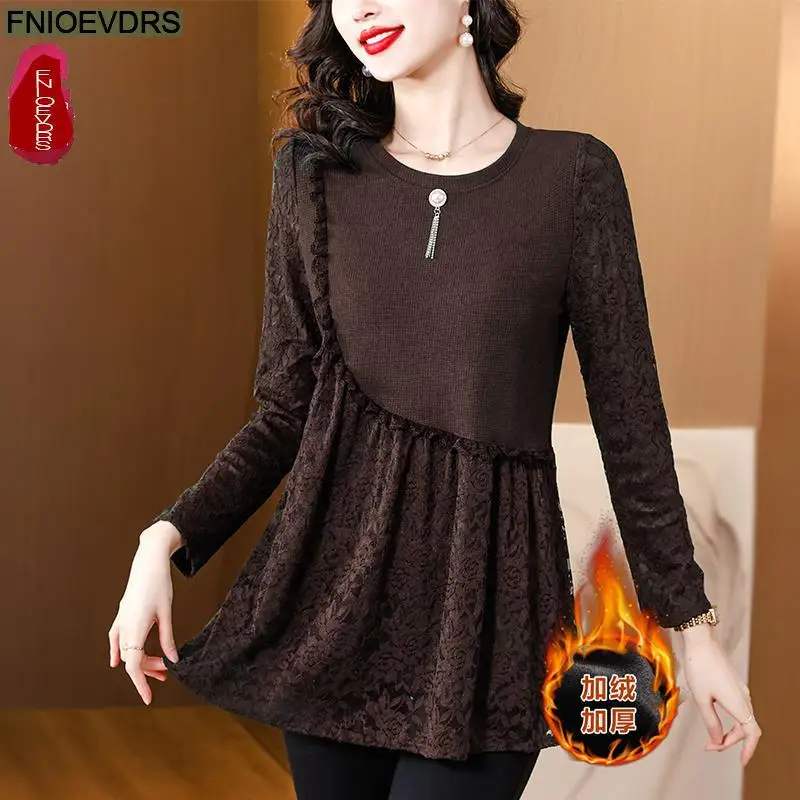 Black Lace Tops Blouses New 2023 Autumn Winter Long Sleeve Hollow Out Ruffles Retro Vintage Thick Warm Velvet Basic Shirts