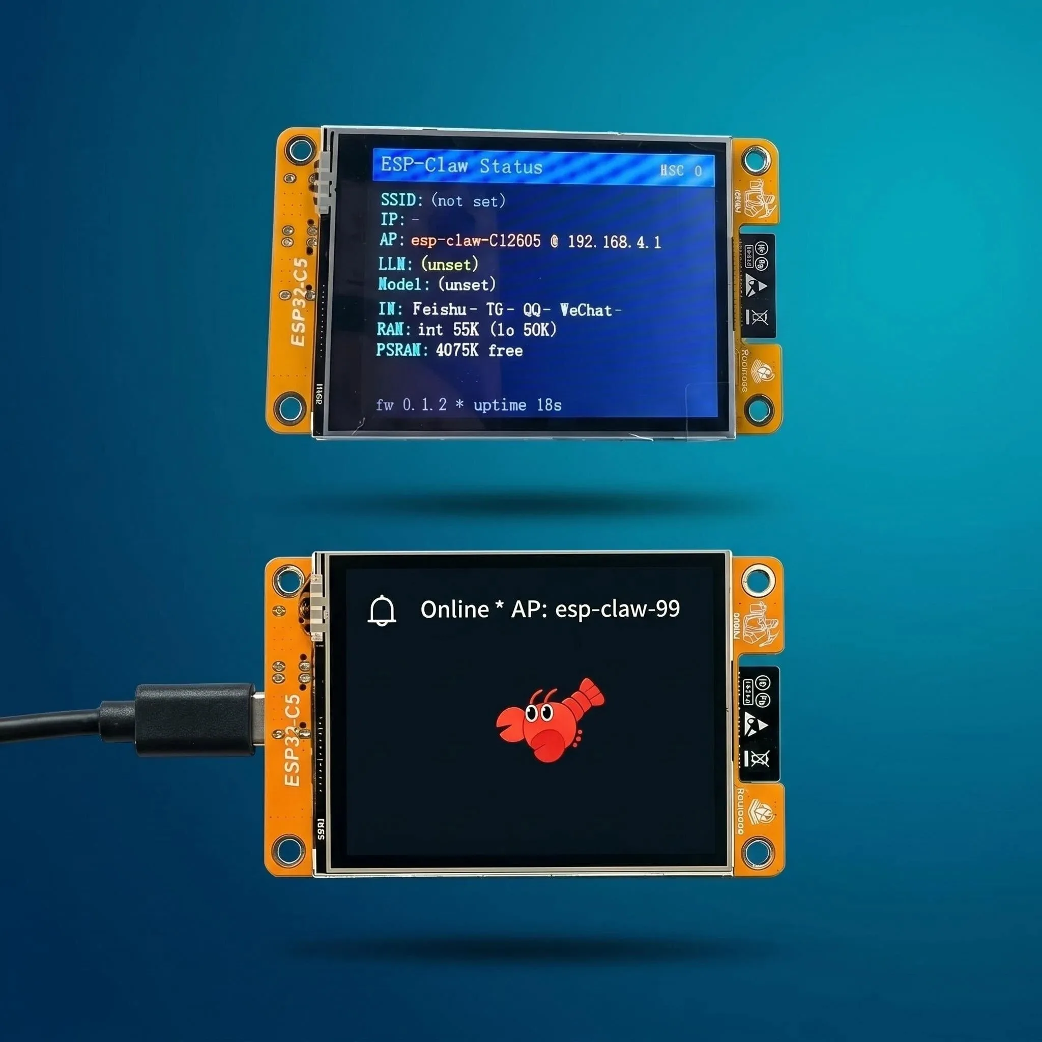 

ESP32-C5 OpenClaw with 5GHz Wi-Fi 6 BLE 5.3 ZigBee3.0 Thread 1.3 2.8″ TFT LCD Touchscreen support NM-RF-HAT 16MB FIash 8MB PSRAM