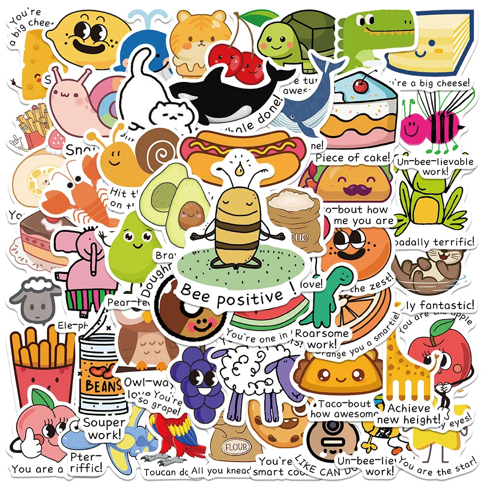 50pcs Funny Cartoon Food Animal Stickers For Kids Adults Student Reward Decals For Laptop Water Bottle Diary Vinyl Stickers