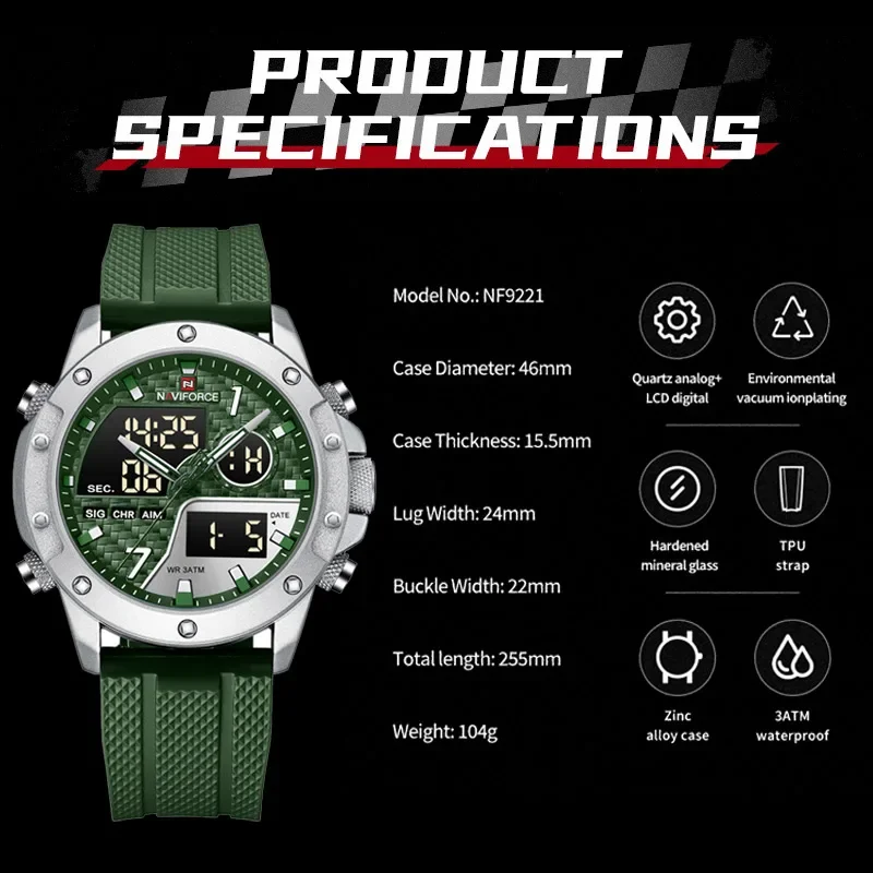 NAVIFORCE NF9221 Watch For Men Top Brand Luxury TPU Strap Sports Quartz Wristwatch Mele Waterproof Military Digital Clock