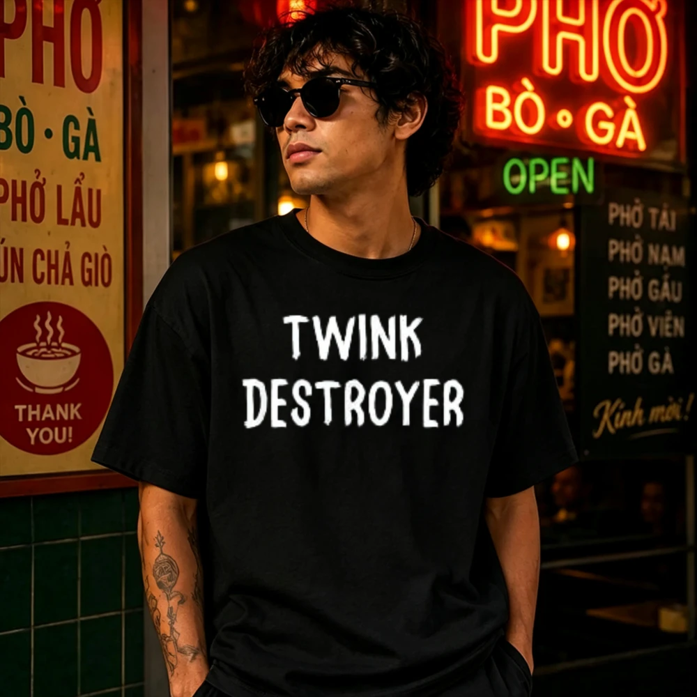 Men Bold Text TWINK DESTROYER Printed Cotton Tshirt Oversized Army Green Streetwear Casual Loose Top Hip Hop Daily Wear T Shirt