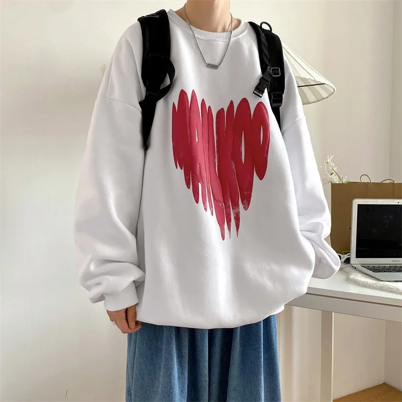 Man Sweatshirts Love Printing Plush Autumn and Winter Long Sleeve Loose O-Neck Casual Oversized Hooded Y2K Streetwear