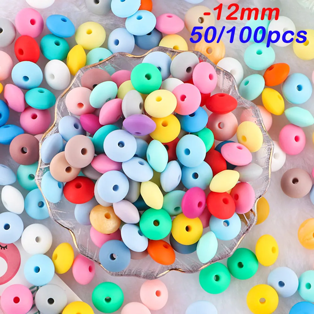 Sunrony 50/100Pcs Silicone Lentil Beads 12mm Eco-Friendly Bead For Bracelets DIY Pacifier Chain Components For Jewelry Making