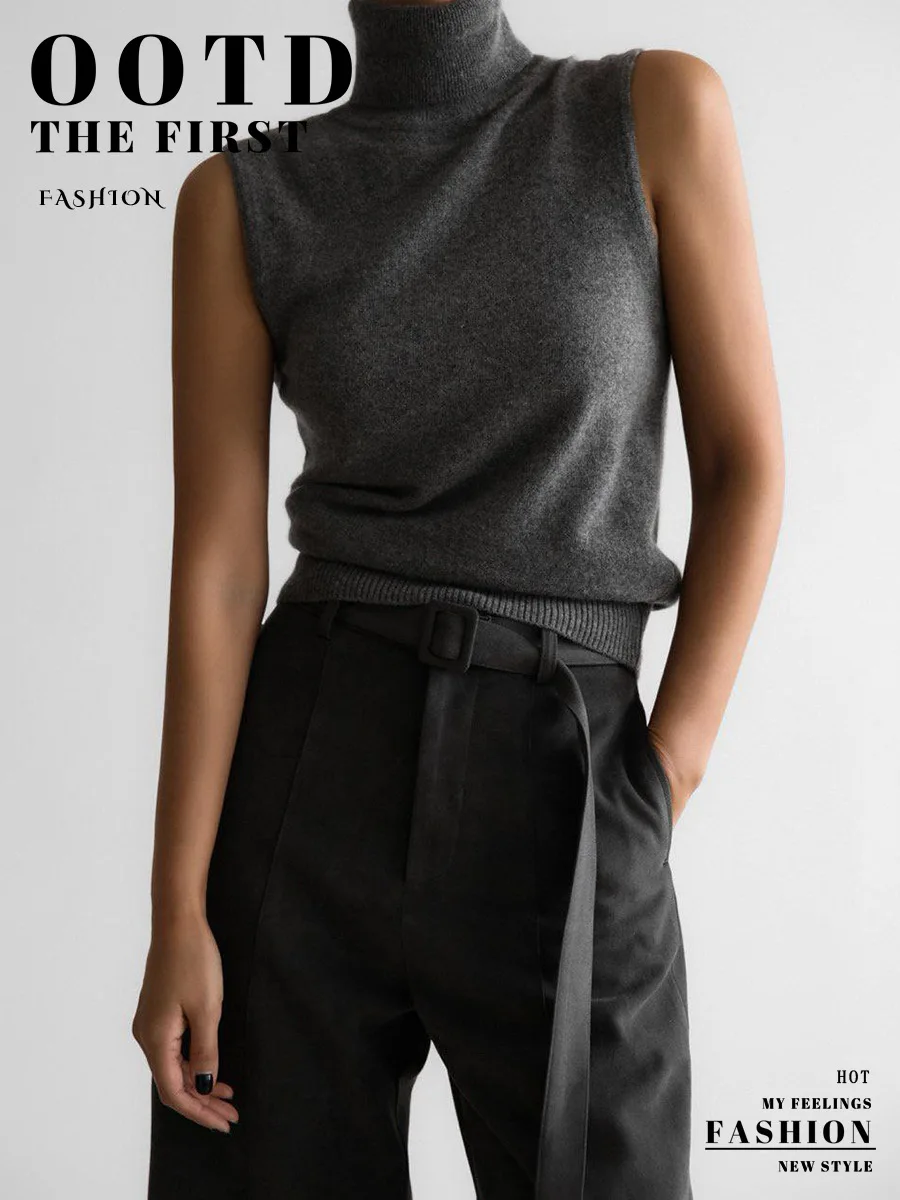 Bornladies Damen Neues Gestricktes Ärmelloses Rollkragen-Tanktop Weicher Stoff Trendige Schlanke Passform Einfarbig Herbst Winter Mode Camis – Detail 1