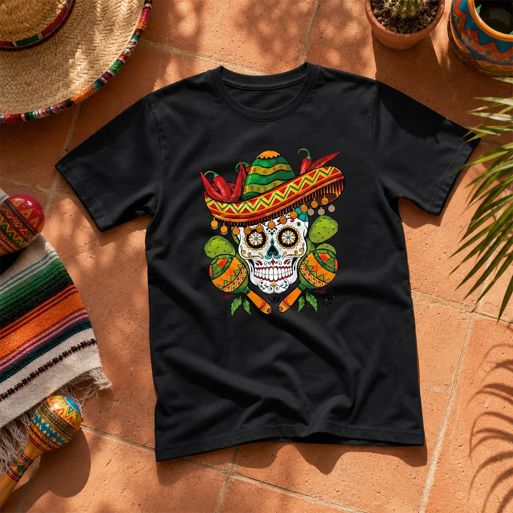 Unisex Day of the Dead T-Shirt Short Sleeve Retro Breathable Party Top Sugar Skull Chili Design for Parent-Child Mexican Wear