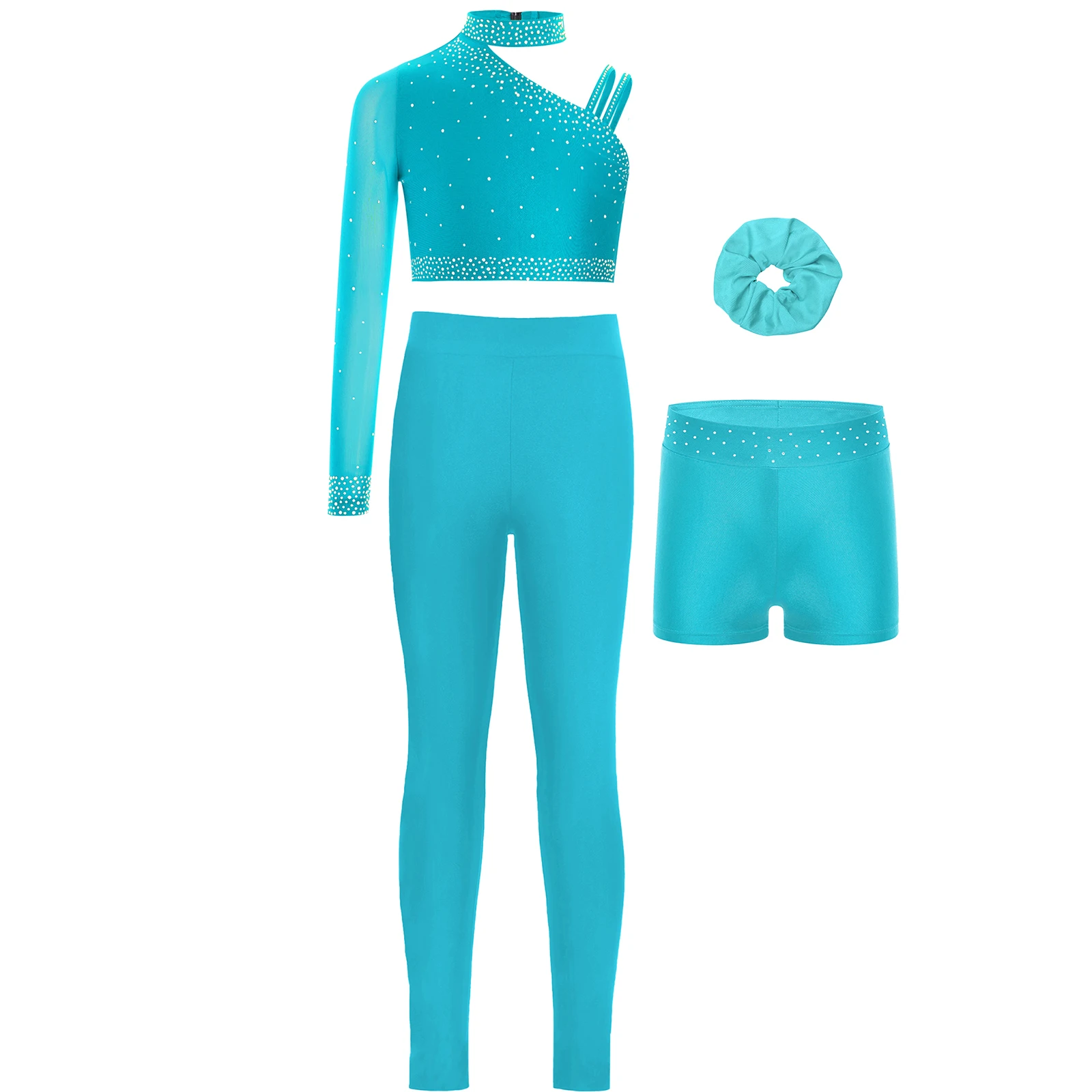 Girls Figure Skating Ballet Dance Gymnastics Outfit Unique Irregular Shoulder Rhinestones Crop Top with Shorts Hairband Leggings