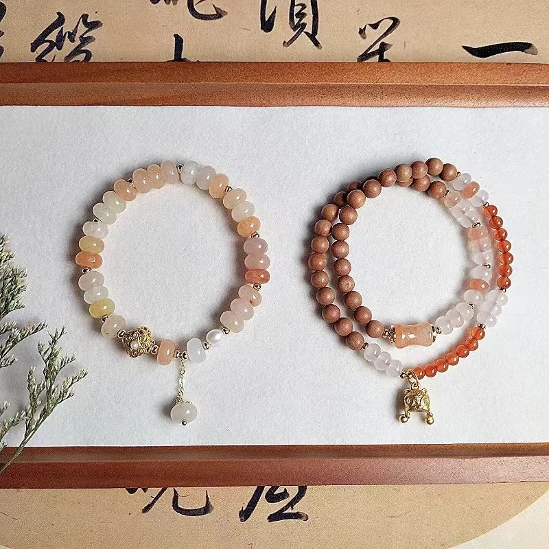 Cuentas de ábaco de Jade de seda dorada Natural, sándalo, doble círculo, pulsera artística fresca Simple, joyería de ágata del despertar del León