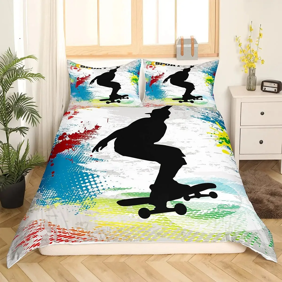 

Skateboard Duvet Cover Set Full Size for Boys Teens Extreme Sports Bedding Set Youth Comforter Cover Graffiti Style Duvet Cover