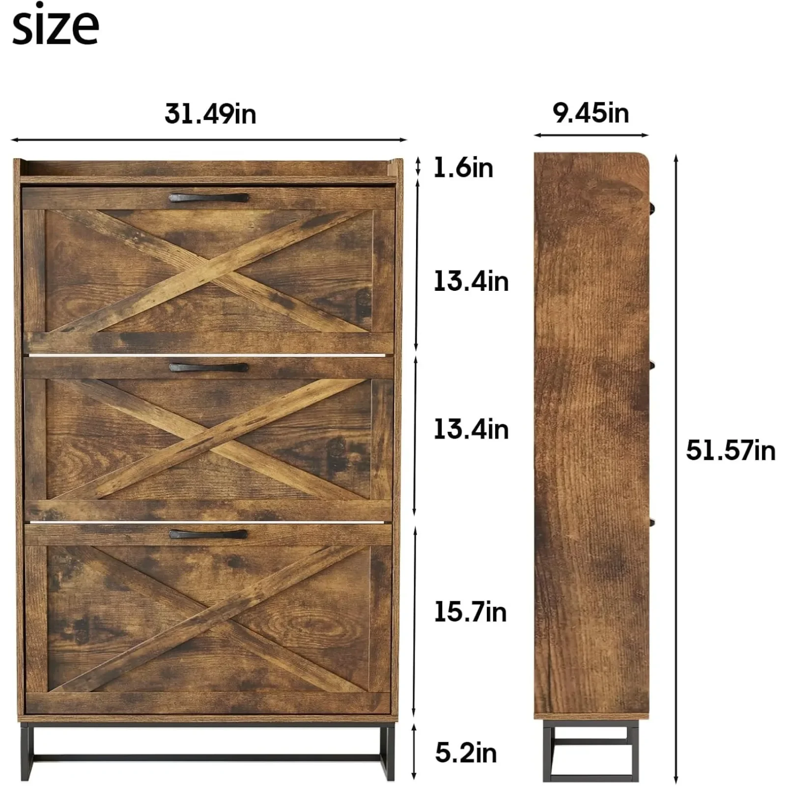 US  Shoe Storage Cabinet with 3 Flip Drawers, Freestanding Organizer with Metal Legs