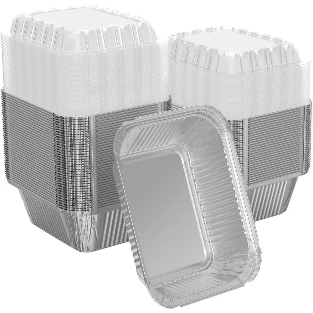 

200-Count 1 Pound Rectangular Aluminum Foil Pans with 16 oz Clear Dome Lids for Catering and Food Service