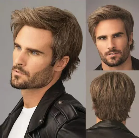 10 Inch Short Curly Synthetic Brown Wig For Man Hair Heat Resistant Wigs With Bangs For Daily Use