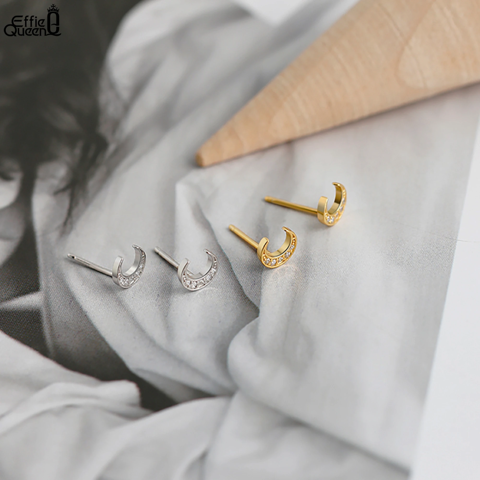 

Effie Queen 925 Sterling Silver Dainty Moon Stud Earrings With AAAA Cubic Zirconia Ornament Nature Style Gift for Her Wear APE29