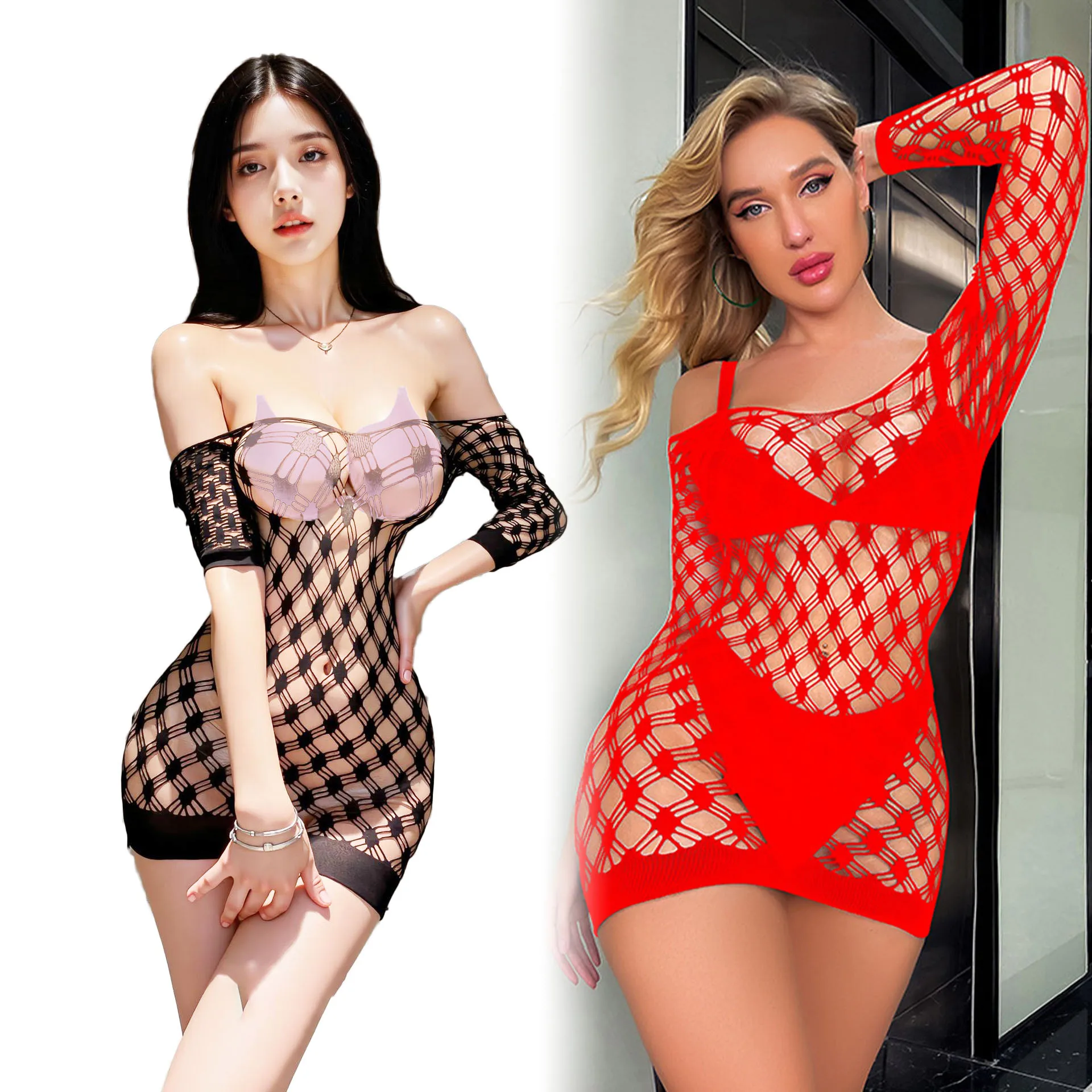 

Sexy Mini Dress Fat FishNet Fantasy Long Sleeve Seamless Plus Lingerie Erotic Bodystocking Underwear for Women Mesh Tight Appeal