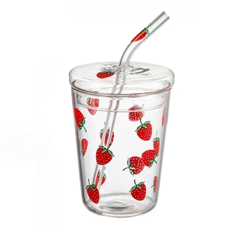 Kawaii Strawberry Glass Mug with Straw Creative High Temperature Resistance Clear Glass Water Cups Household Milk Juice Tumbler