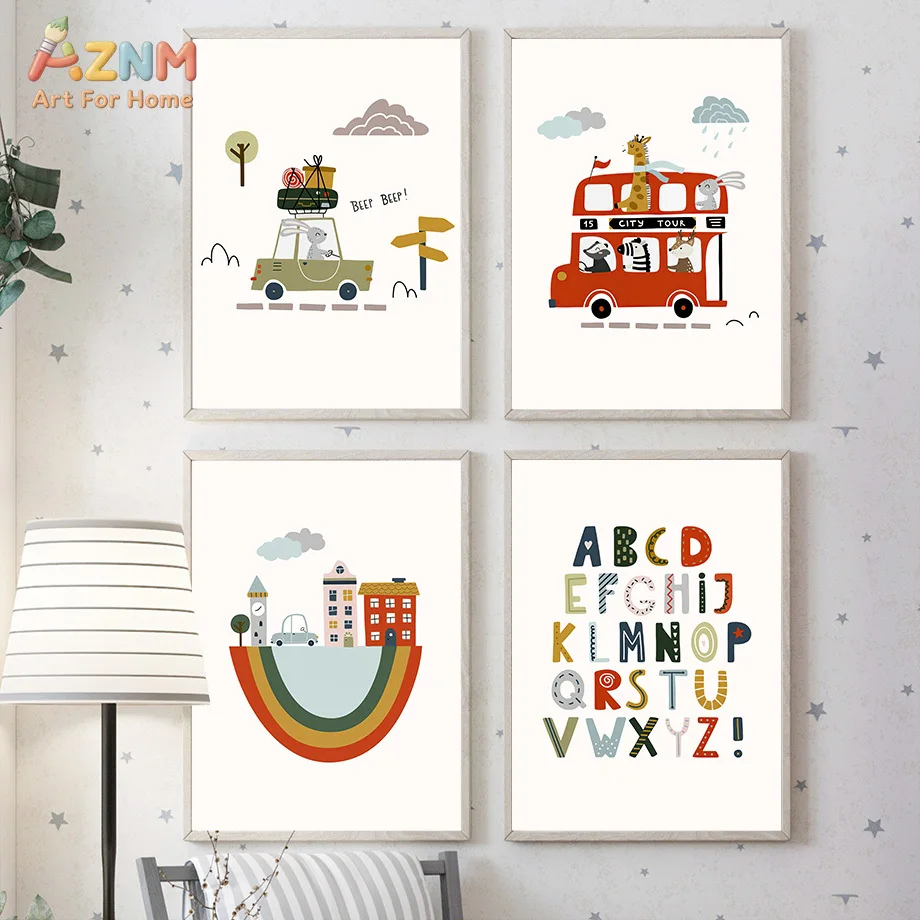 AZNM Cartoon Car Bus Animal Canvas Print Cute Traffic Vehicle Unframed Canvas Wall Art Boys Nursery Kids Bedroom Decor Painting