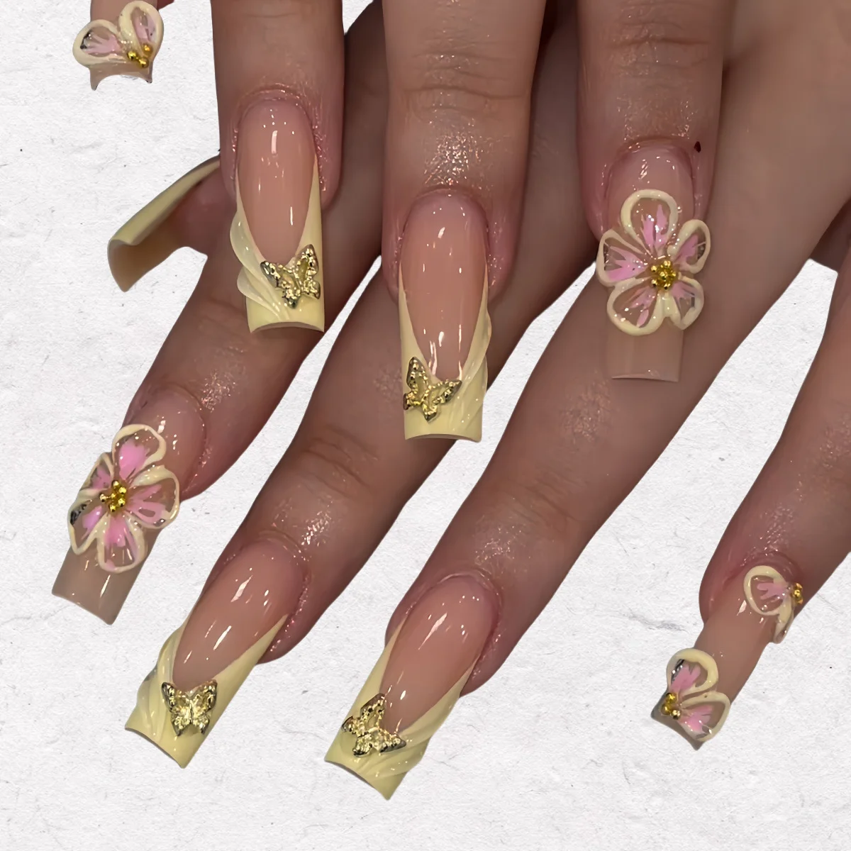 

Square Sweet Lovely Flower Yellow Fashion Golden Butterfly Wear Nail Everyday Pure Manual Charm False Nail Sisters Girlfriend