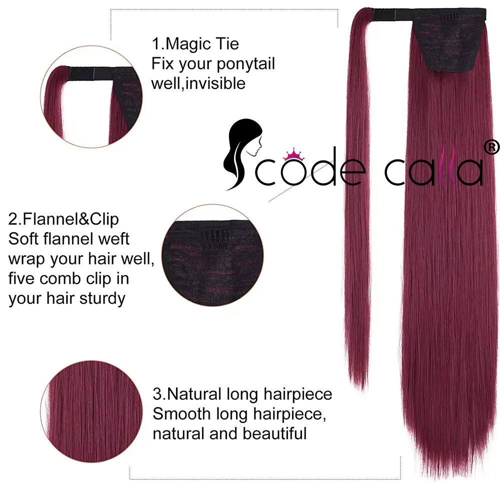 Cola de Caballo de color burdeos para mujer, extensiones de cabello humano largo y liso, piezas de cola de caballo con cordón Natural, 99J