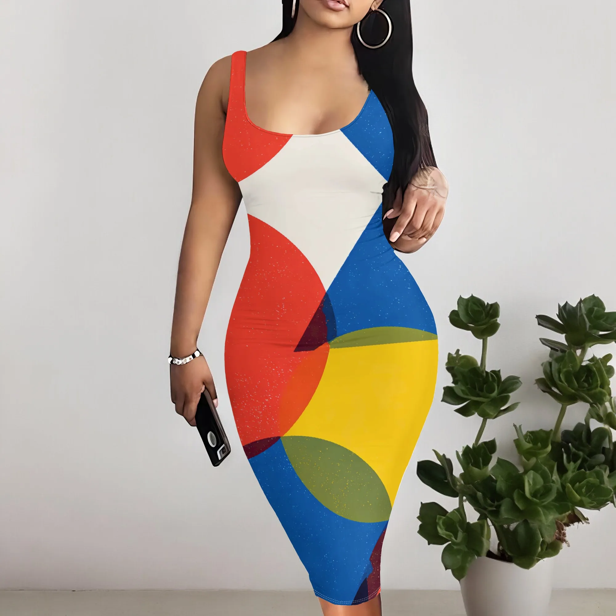

Abstract Geometric Print Bodycon Midi Dress S-3XL Sleeveless Slim Fit Style for Nightclub Art Event or Party Look