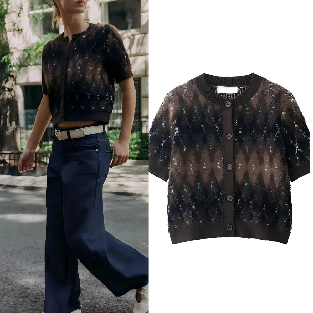 

Women's new fashion comfortable casual Diamond grid O Neck knitted Coat retro short sleeved Button-up women's Coat chic top