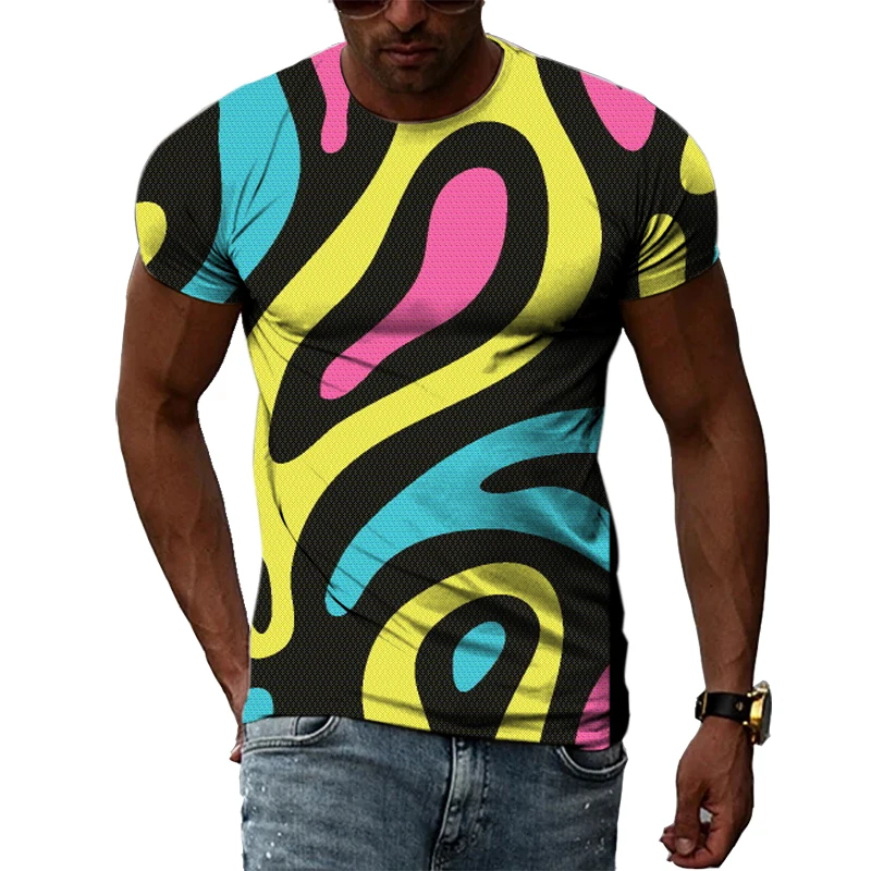 New Tide Summer Fashion Color Pattern  T-shirts Casual Print Tees Hip Hop Personality Round Neck Short Sleev Tops