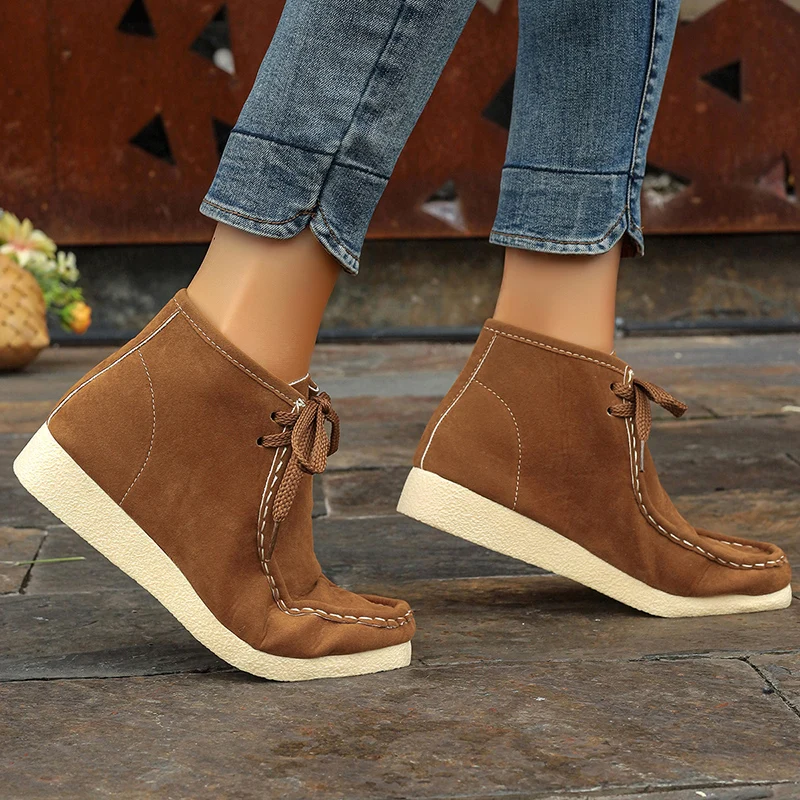 Women\'s Solid-color Flock Flat Boots Leisure Lace Up Soft Sole Shoes Boats Comfortable Lightweight Non Slip Ankle Boots