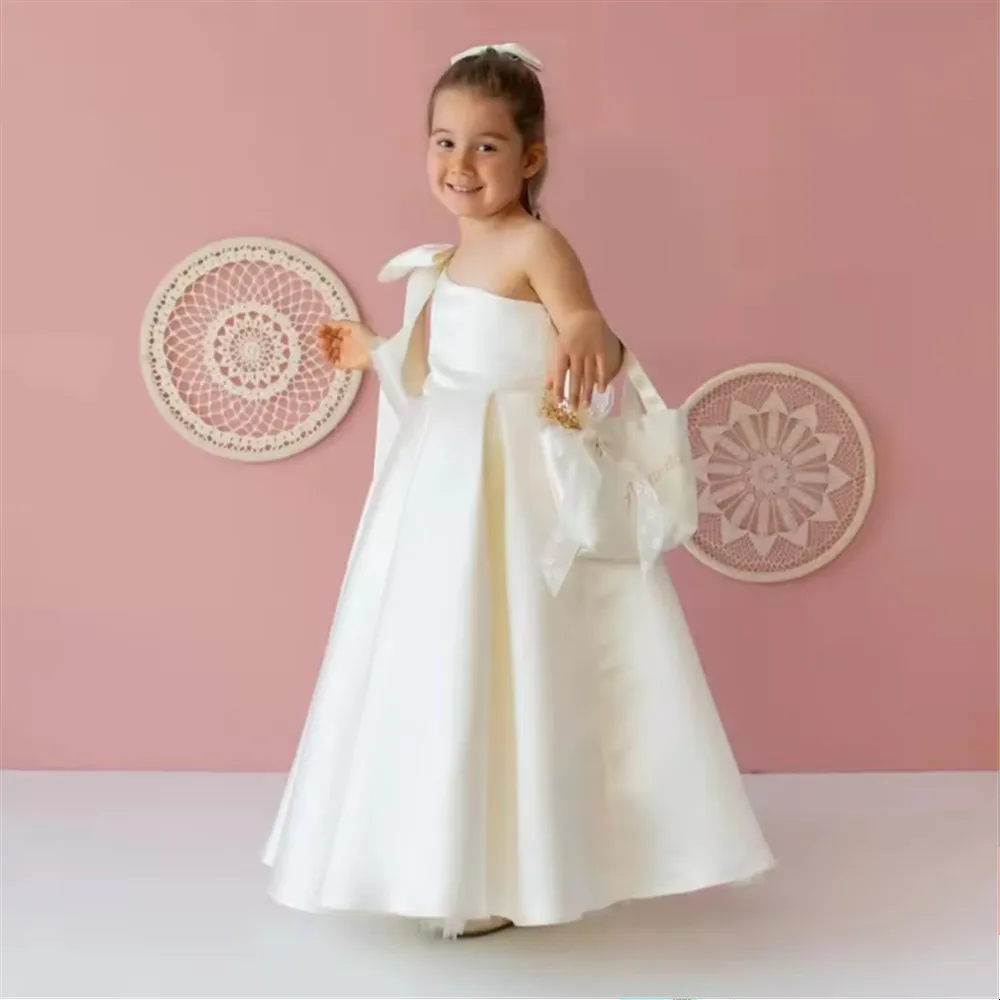 

Customized Satin One Shoulder Flower Girl Wedding Dress Bow Princess Birthday Party Prom Dress Baby Kids First Communion Gown