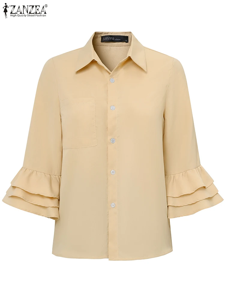 

ZANZEA Women Tunic Fashion Flare Sleeve Shirts 2025 Casual OL Work Tunic Elegant Solid Color Ruffled Tops Summer Blusas Oversize
